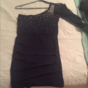 One Sleeved Navy Blue Mini Dress